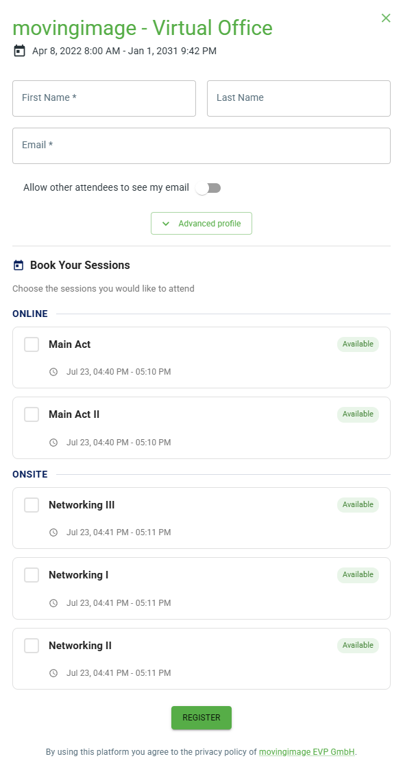 Selecting sessions during registration